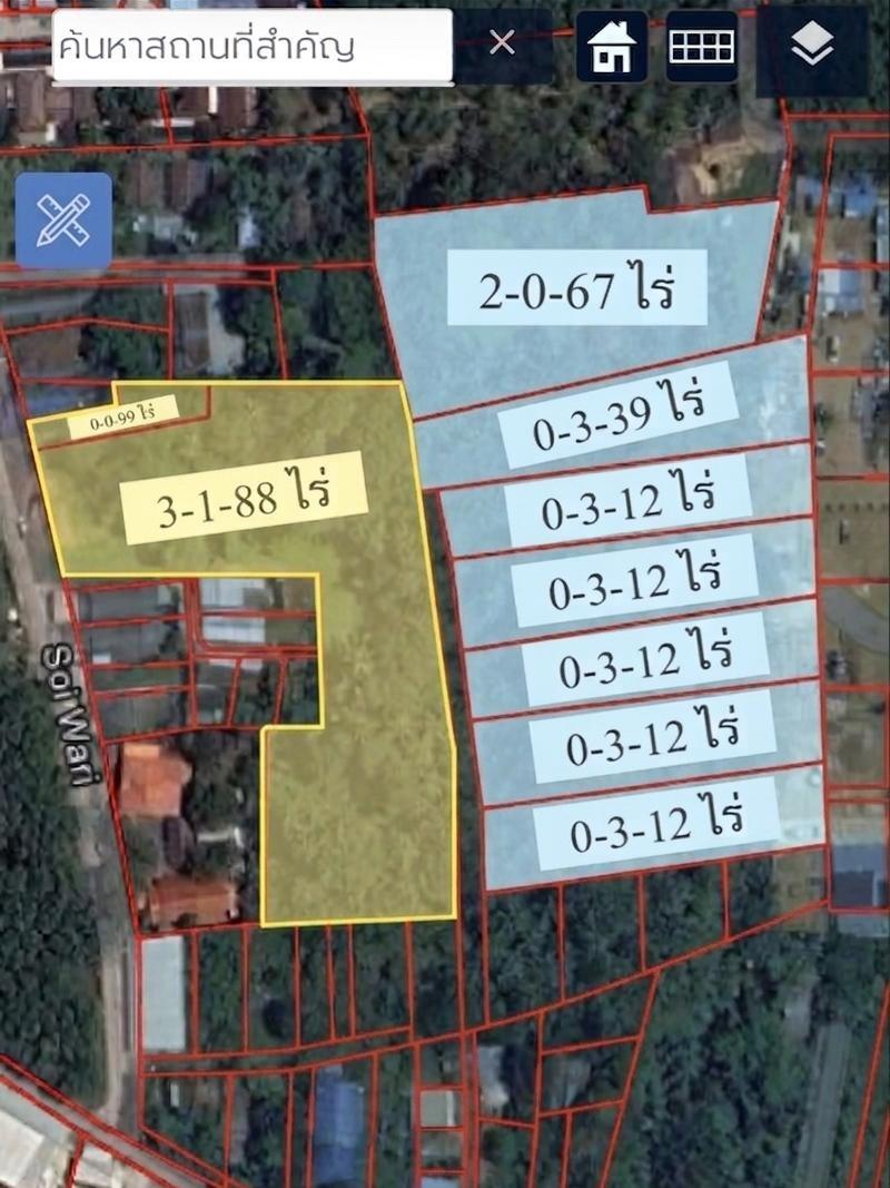 Land Department map — the two plots for sale (yellow): 3-1-88 rai and 0-0-99 rai